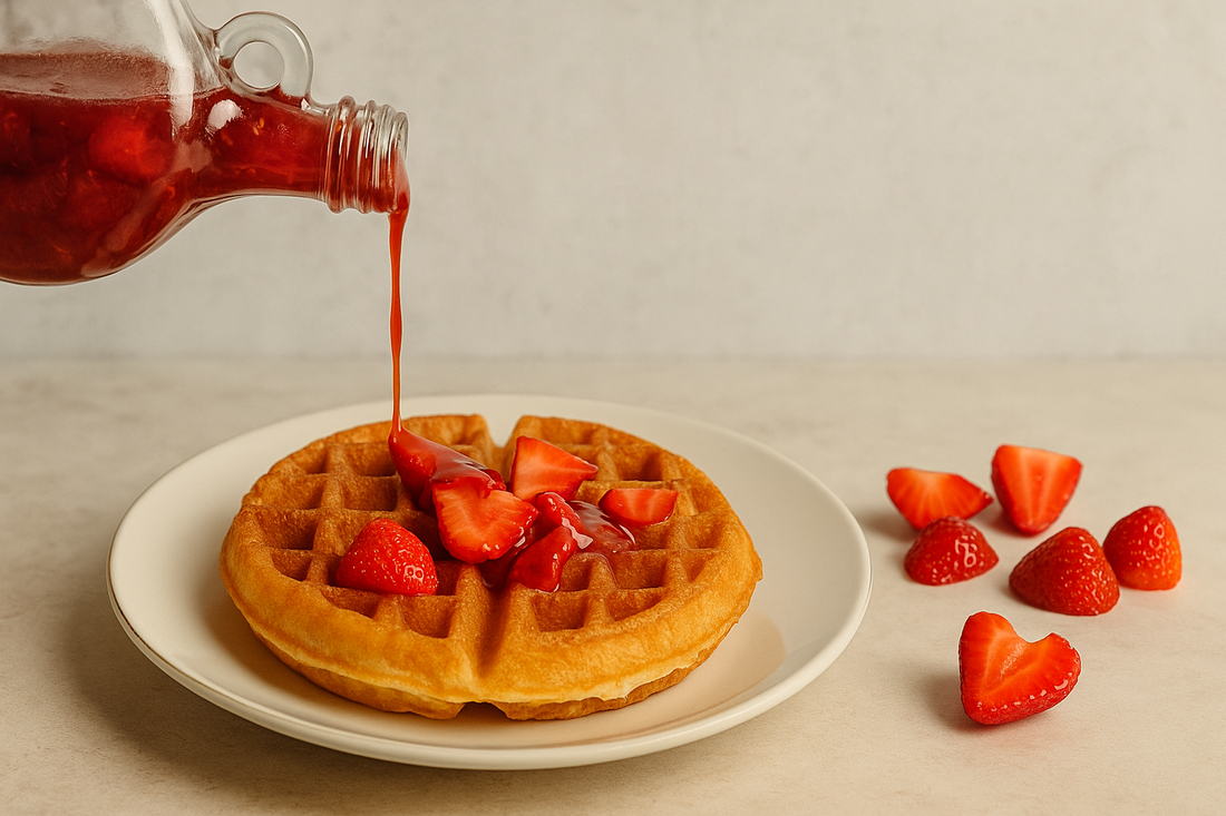 Golden Belgian waffle topped with fresh sliced strawberries and drizzled with homemade strawberry syrup being poured from a glass bottle, set on a white plate against a light marble background.
