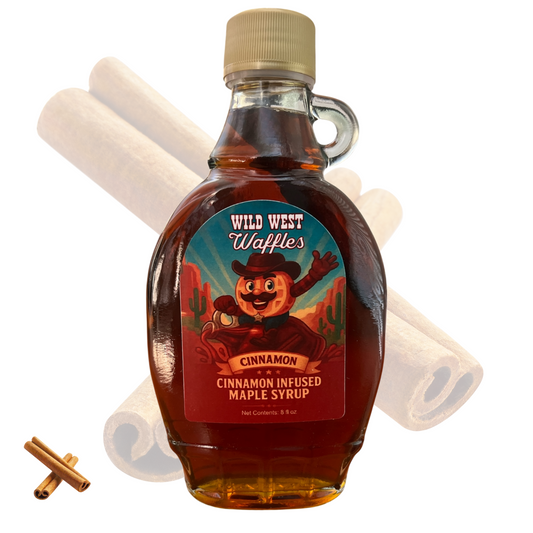 Bottle of Wild West Waffles Cinnamon Maple Syrup, a spiced small-batch syrup perfect for waffles, pancakes, and cozy recipes.