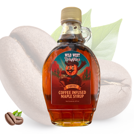 Bottle of Wild West Waffles Coffee Maple Syrup, a small-batch flavored maple syrup infused with bold coffee for breakfast and desserts.