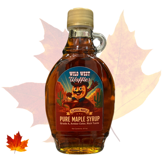 Bottle of Wild West Waffles Pure Maple Syrup, a smooth and rich small-batch syrup perfect for waffles, pancakes, and baking.