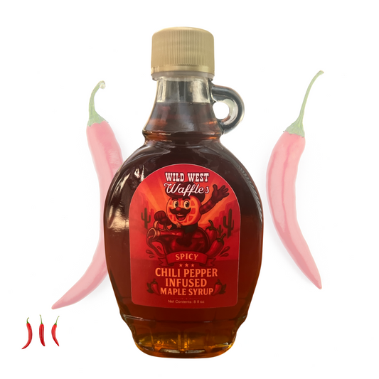 Bottle of Wild West Waffles Hot Maple Syrup, a sweet and spicy flavored maple syrup perfect for waffles, pancakes, and glazes.