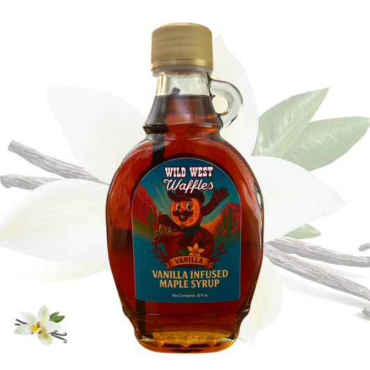 Bottle of Wild West Waffles Vanilla Maple Syrup, a small-batch flavored syrup infused with vanilla bean for waffles, pancakes, and desserts.