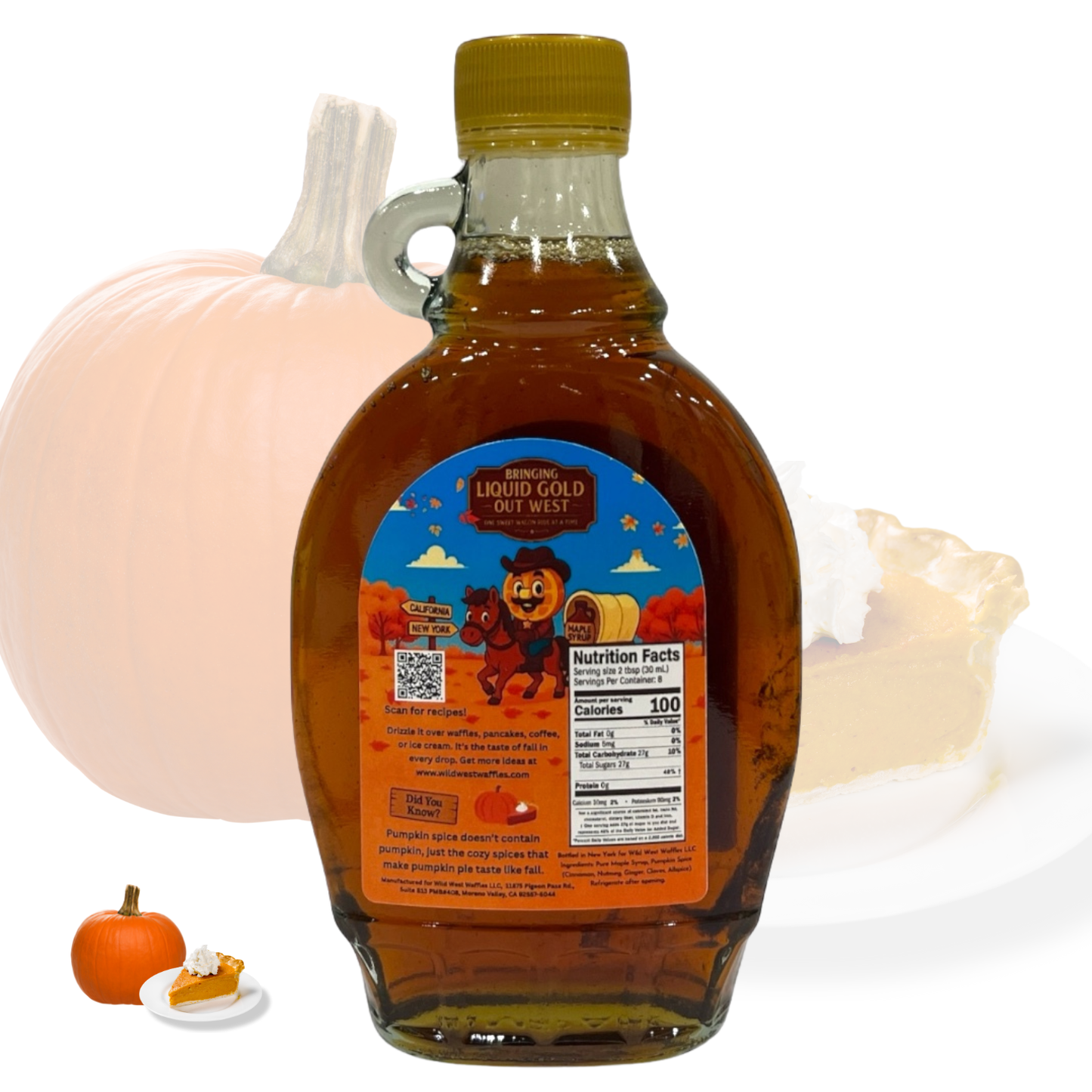 Back of bottle of Wild West Waffles Pumpkin Spice Maple Syrup, a cozy fall-flavored small-batch syrup with warm pumpkin spice notes, perfect for waffles and pancakes.