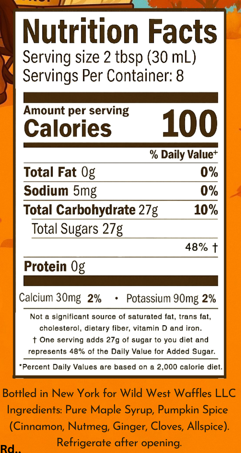 Nutrition panel from the bottle of Wild West Waffles Pumpkin Spice Maple Syrup, a cozy fall-flavored small-batch syrup with warm pumpkin spice notes, perfect for waffles and pancakes.