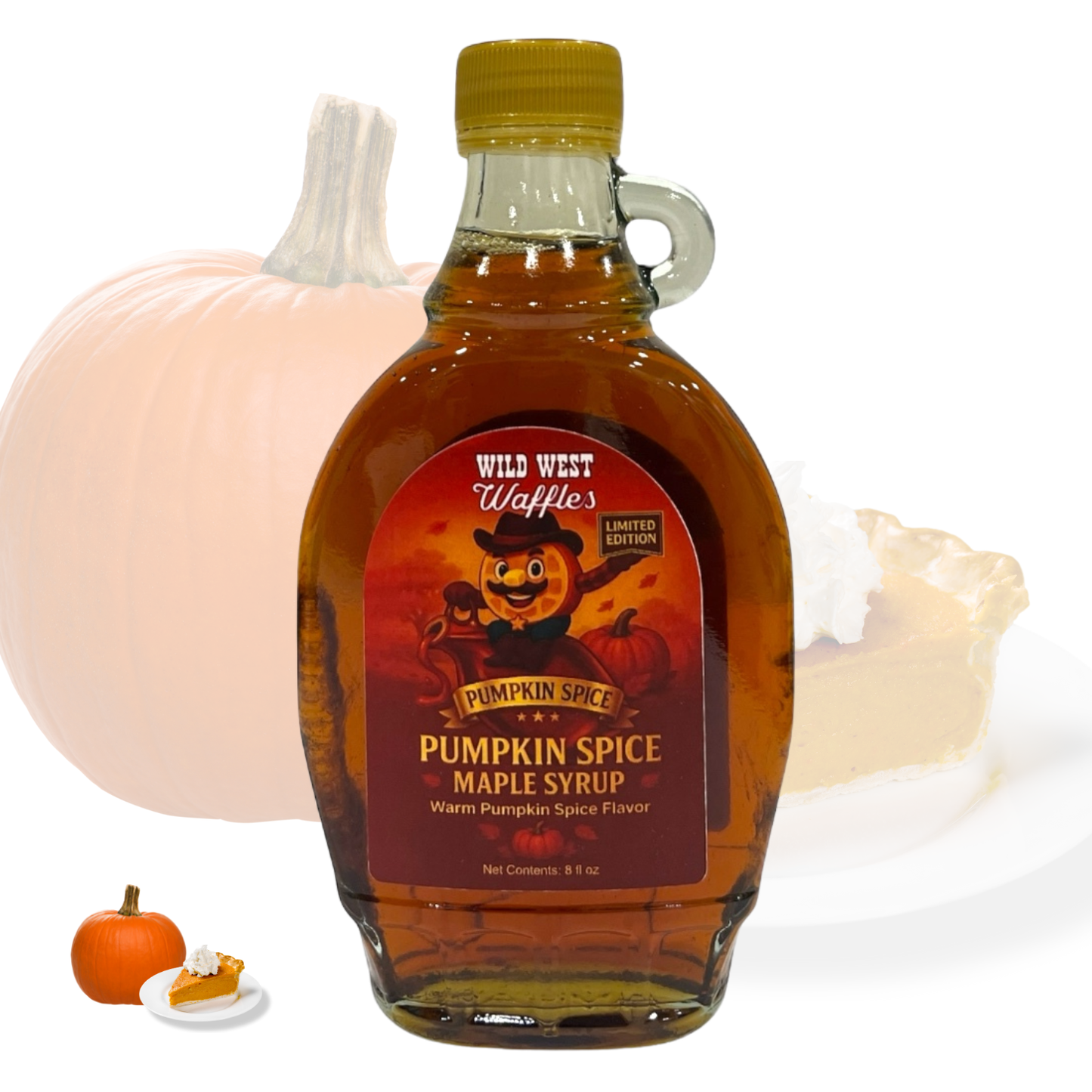Bottle of Wild West Waffles Pumpkin Spice Maple Syrup, a cozy fall-flavored small-batch syrup with warm pumpkin spice notes, perfect for waffles and pancakes.
