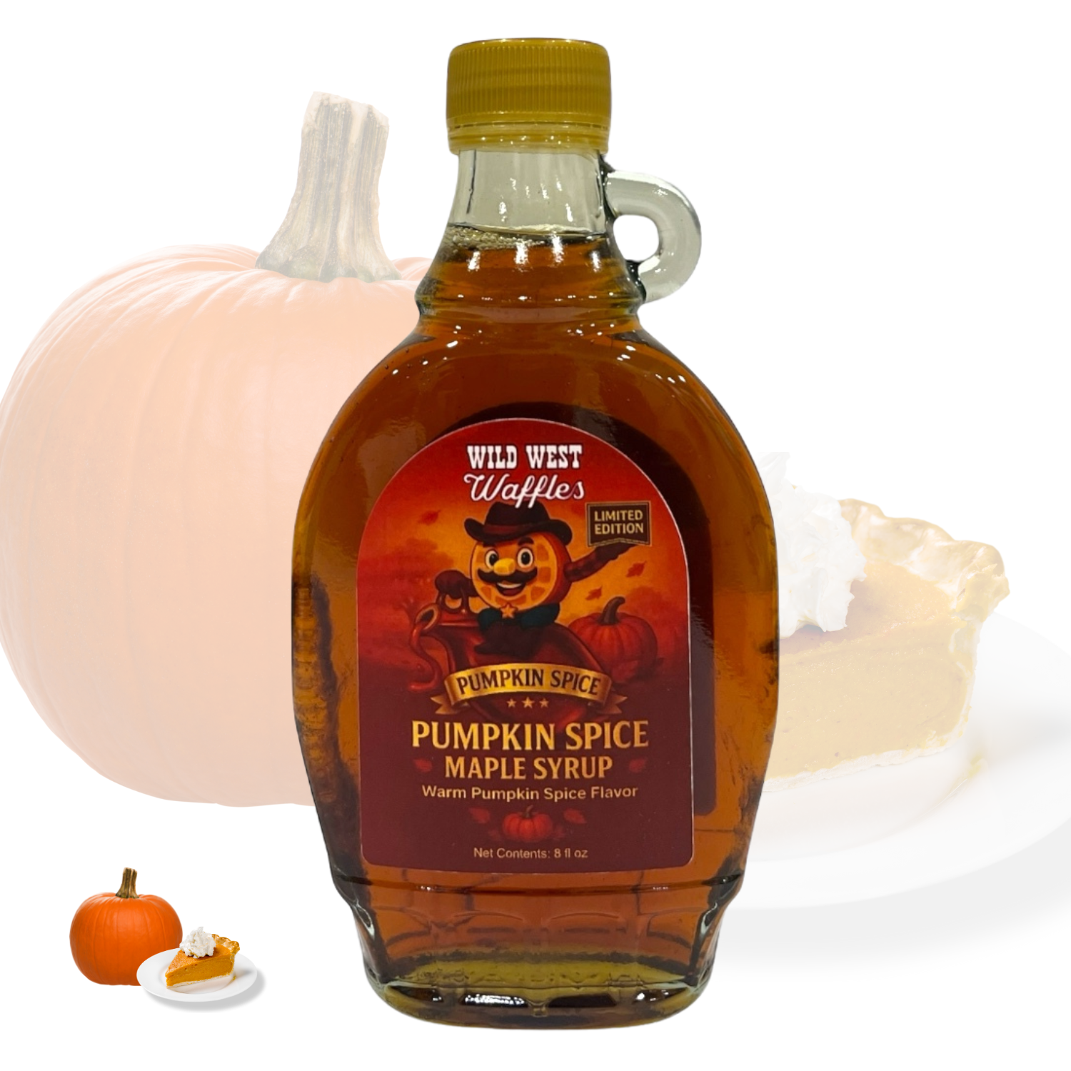 Bottle of Wild West Waffles Pumpkin Spice Maple Syrup, a cozy fall-flavored small-batch syrup with warm pumpkin spice notes, perfect for waffles and pancakes.